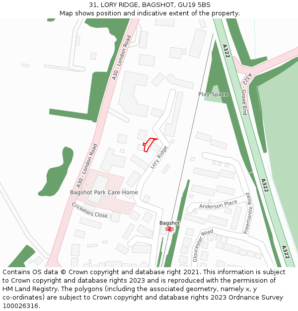 31, LORY RIDGE, BAGSHOT, GU19 5BS: Location map and indicative extent of plot
