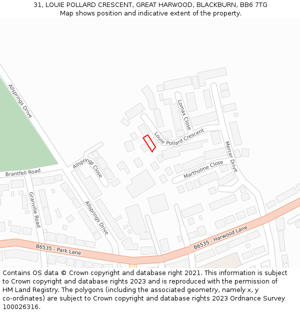 31, LOUIE POLLARD CRESCENT, GREAT HARWOOD, BLACKBURN, BB6 7TG: Location map and indicative extent of plot