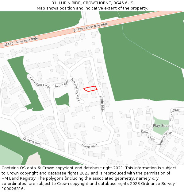 31, LUPIN RIDE, CROWTHORNE, RG45 6US: Location map and indicative extent of plot