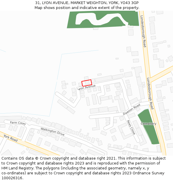 31, LYON AVENUE, MARKET WEIGHTON, YORK, YO43 3GP: Location map and indicative extent of plot
