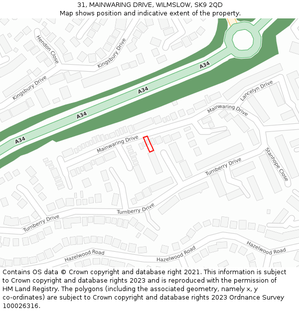 31, MAINWARING DRIVE, WILMSLOW, SK9 2QD: Location map and indicative extent of plot