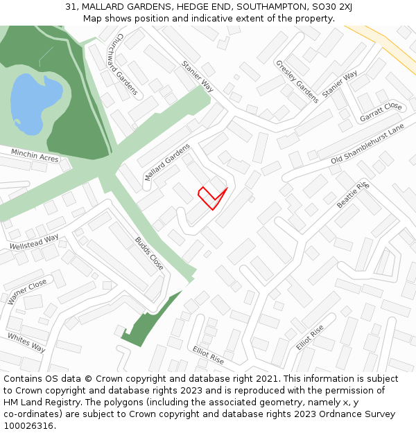 31, MALLARD GARDENS, HEDGE END, SOUTHAMPTON, SO30 2XJ: Location map and indicative extent of plot