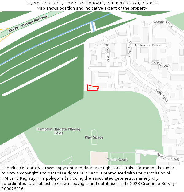 31, MALUS CLOSE, HAMPTON HARGATE, PETERBOROUGH, PE7 8DU: Location map and indicative extent of plot