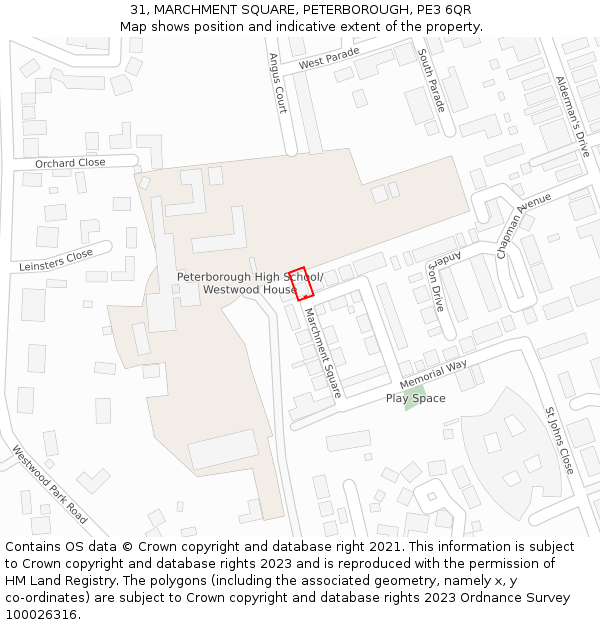 31, MARCHMENT SQUARE, PETERBOROUGH, PE3 6QR: Location map and indicative extent of plot
