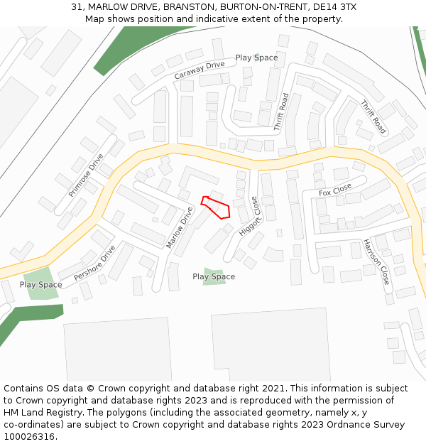 31, MARLOW DRIVE, BRANSTON, BURTON-ON-TRENT, DE14 3TX: Location map and indicative extent of plot