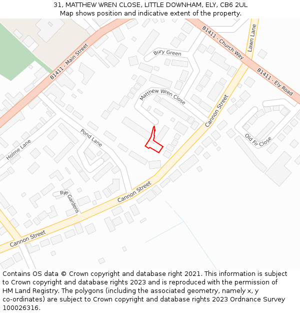 31, MATTHEW WREN CLOSE, LITTLE DOWNHAM, ELY, CB6 2UL: Location map and indicative extent of plot