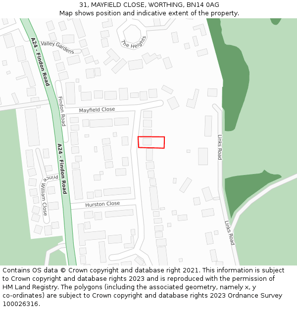 31, MAYFIELD CLOSE, WORTHING, BN14 0AG: Location map and indicative extent of plot