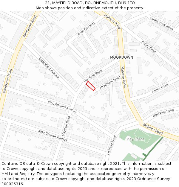 31, MAYFIELD ROAD, BOURNEMOUTH, BH9 1TQ: Location map and indicative extent of plot