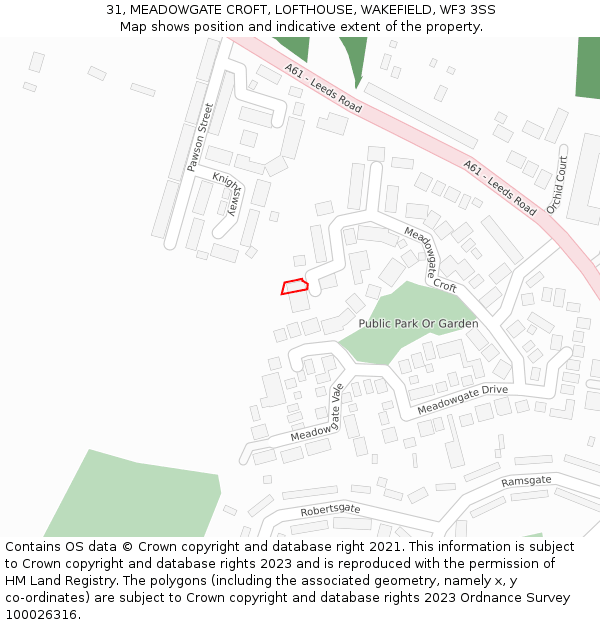 31, MEADOWGATE CROFT, LOFTHOUSE, WAKEFIELD, WF3 3SS: Location map and indicative extent of plot
