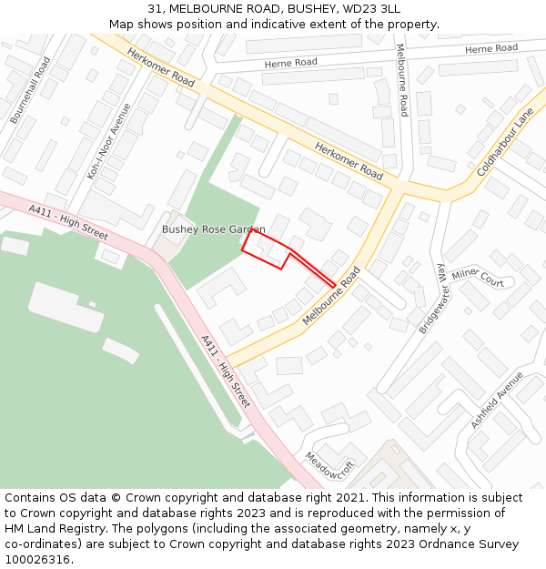 31, MELBOURNE ROAD, BUSHEY, WD23 3LL: Location map and indicative extent of plot
