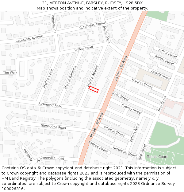 31, MERTON AVENUE, FARSLEY, PUDSEY, LS28 5DX: Location map and indicative extent of plot