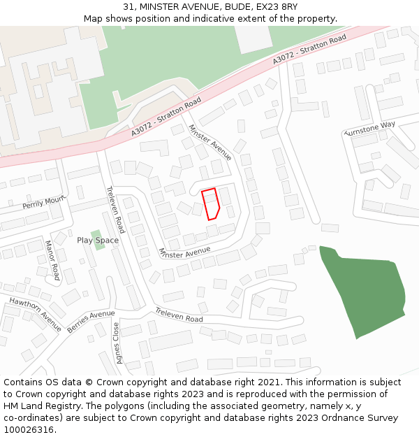 31, MINSTER AVENUE, BUDE, EX23 8RY: Location map and indicative extent of plot
