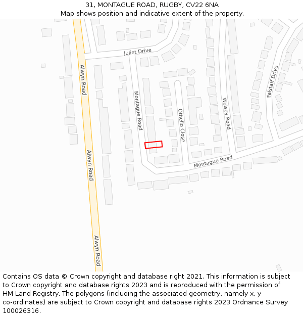 31, MONTAGUE ROAD, RUGBY, CV22 6NA: Location map and indicative extent of plot