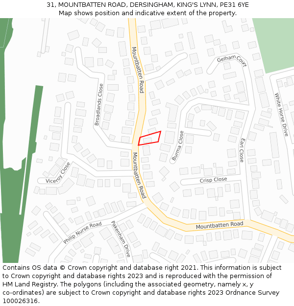 31, MOUNTBATTEN ROAD, DERSINGHAM, KING'S LYNN, PE31 6YE: Location map and indicative extent of plot
