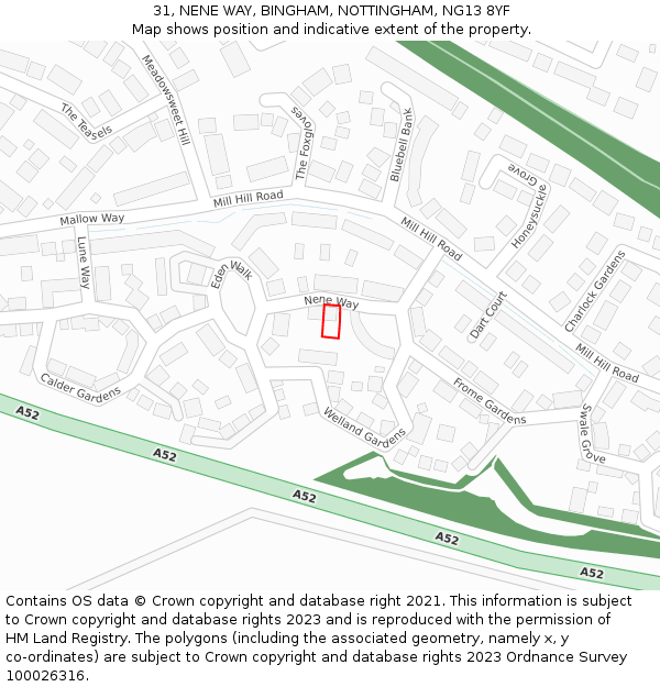 31, NENE WAY, BINGHAM, NOTTINGHAM, NG13 8YF: Location map and indicative extent of plot