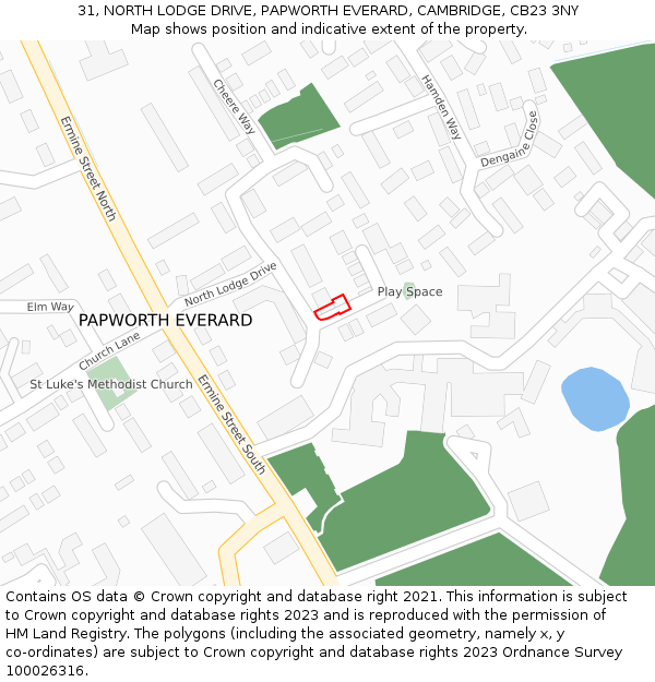 31, NORTH LODGE DRIVE, PAPWORTH EVERARD, CAMBRIDGE, CB23 3NY: Location map and indicative extent of plot