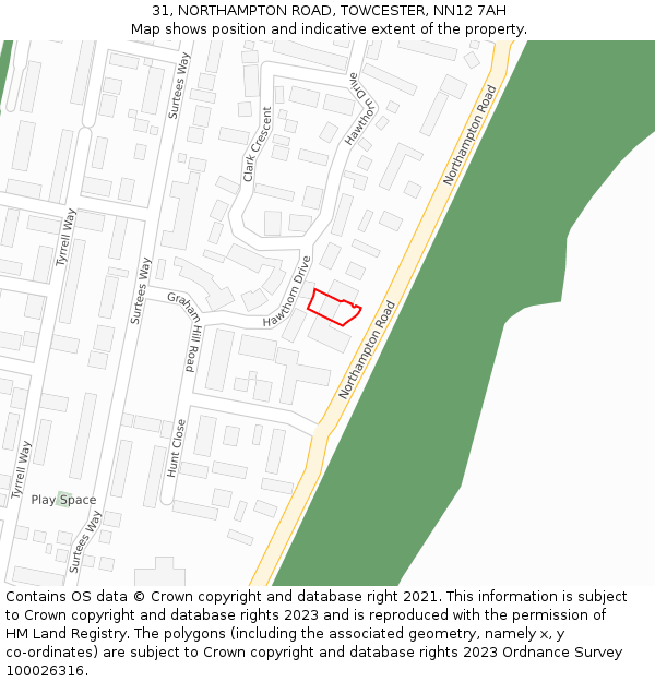 31, NORTHAMPTON ROAD, TOWCESTER, NN12 7AH: Location map and indicative extent of plot