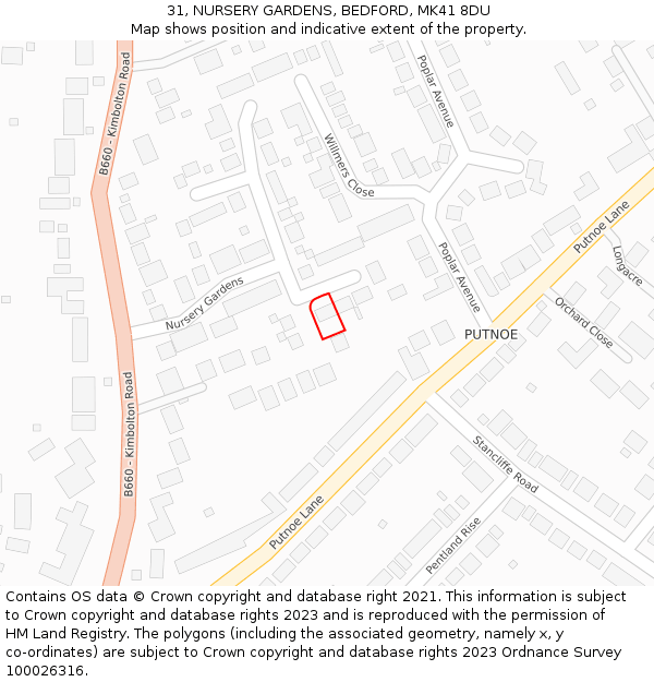 31, NURSERY GARDENS, BEDFORD, MK41 8DU: Location map and indicative extent of plot