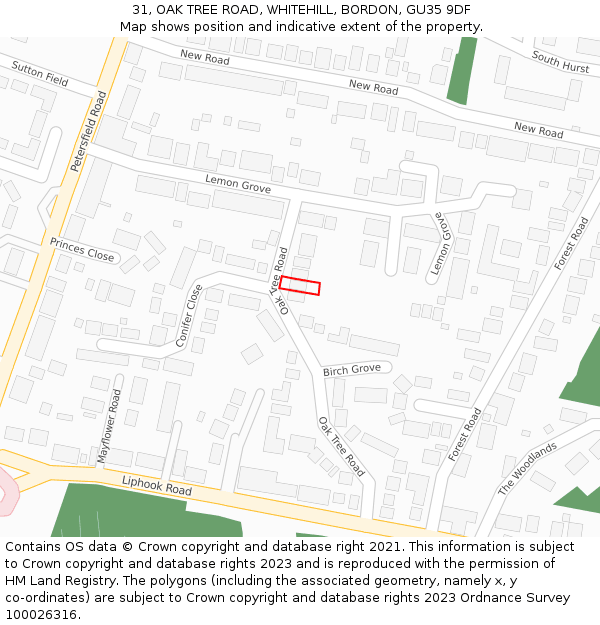 31, OAK TREE ROAD, WHITEHILL, BORDON, GU35 9DF: Location map and indicative extent of plot