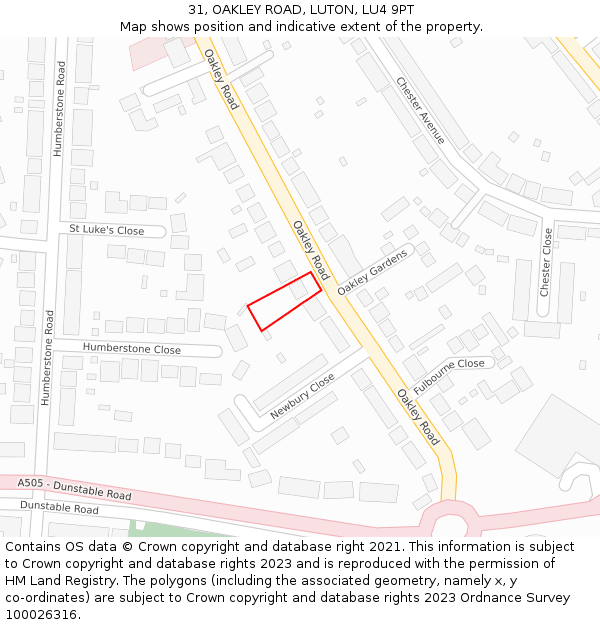 31, OAKLEY ROAD, LUTON, LU4 9PT: Location map and indicative extent of plot