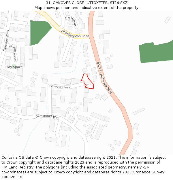 31, OAKOVER CLOSE, UTTOXETER, ST14 8XZ: Location map and indicative extent of plot