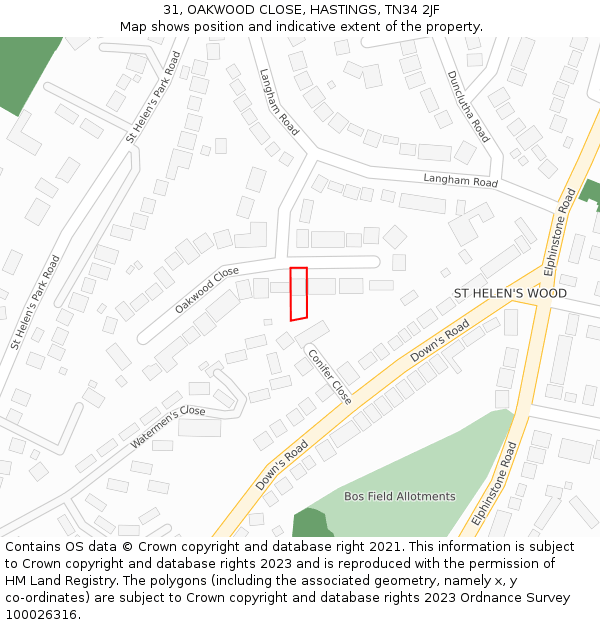 31, OAKWOOD CLOSE, HASTINGS, TN34 2JF: Location map and indicative extent of plot