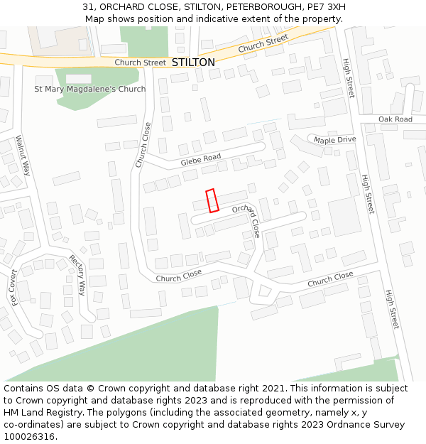 31, ORCHARD CLOSE, STILTON, PETERBOROUGH, PE7 3XH: Location map and indicative extent of plot