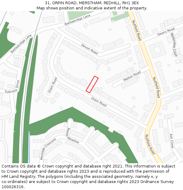 31, ORPIN ROAD, MERSTHAM, REDHILL, RH1 3EX: Location map and indicative extent of plot