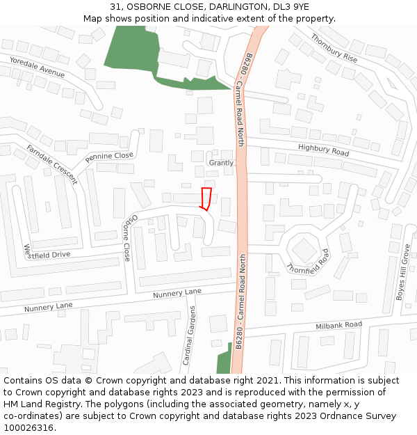31, OSBORNE CLOSE, DARLINGTON, DL3 9YE: Location map and indicative extent of plot