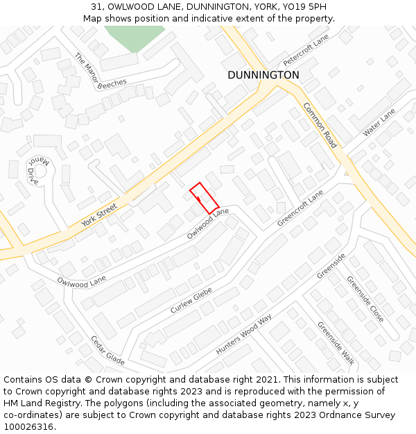 31, OWLWOOD LANE, DUNNINGTON, YORK, YO19 5PH: Location map and indicative extent of plot