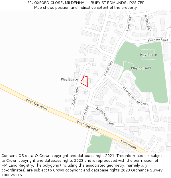 31, OXFORD CLOSE, MILDENHALL, BURY ST EDMUNDS, IP28 7RP: Location map and indicative extent of plot