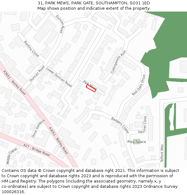 31, PARK MEWS, PARK GATE, SOUTHAMPTON, SO31 1ED: Location map and indicative extent of plot
