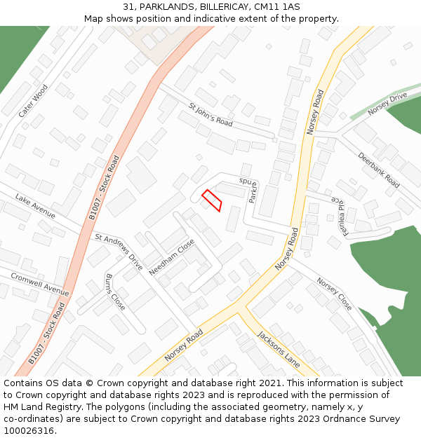 31, PARKLANDS, BILLERICAY, CM11 1AS: Location map and indicative extent of plot