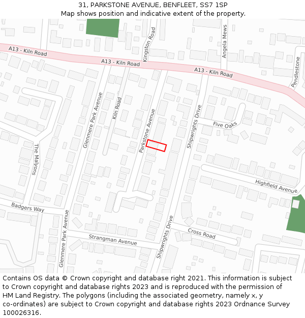 31, PARKSTONE AVENUE, BENFLEET, SS7 1SP: Location map and indicative extent of plot