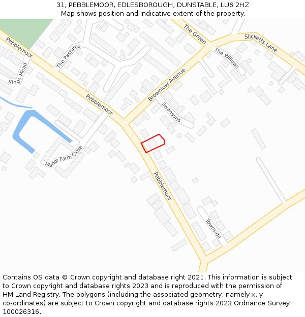 31, PEBBLEMOOR, EDLESBOROUGH, DUNSTABLE, LU6 2HZ: Location map and indicative extent of plot