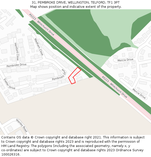 31, PEMBROKE DRIVE, WELLINGTON, TELFORD, TF1 3PT: Location map and indicative extent of plot