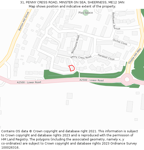 31, PENNY CRESS ROAD, MINSTER ON SEA, SHEERNESS, ME12 3AN: Location map and indicative extent of plot