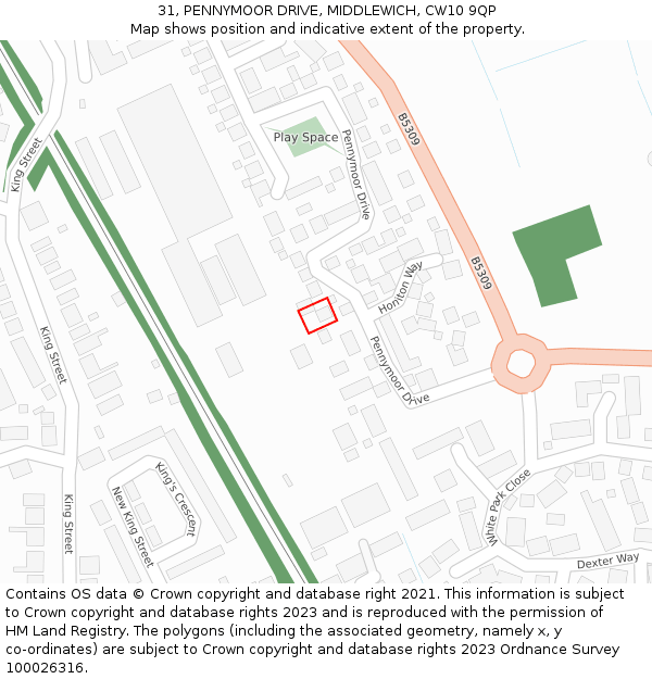 31, PENNYMOOR DRIVE, MIDDLEWICH, CW10 9QP: Location map and indicative extent of plot