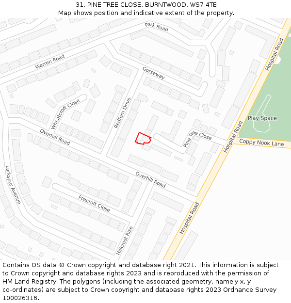 31, PINE TREE CLOSE, BURNTWOOD, WS7 4TE: Location map and indicative extent of plot