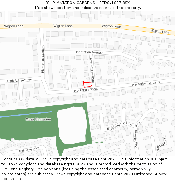31, PLANTATION GARDENS, LEEDS, LS17 8SX: Location map and indicative extent of plot