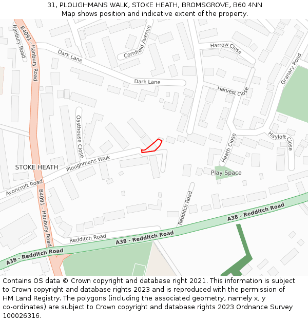 31, PLOUGHMANS WALK, STOKE HEATH, BROMSGROVE, B60 4NN: Location map and indicative extent of plot