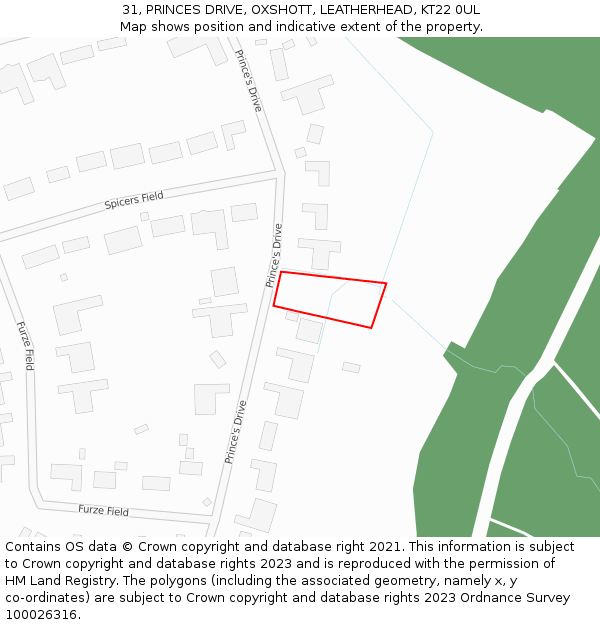 31, PRINCES DRIVE, OXSHOTT, LEATHERHEAD, KT22 0UL: Location map and indicative extent of plot