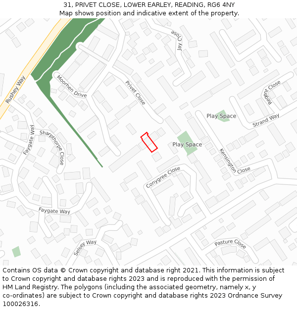 31, PRIVET CLOSE, LOWER EARLEY, READING, RG6 4NY: Location map and indicative extent of plot