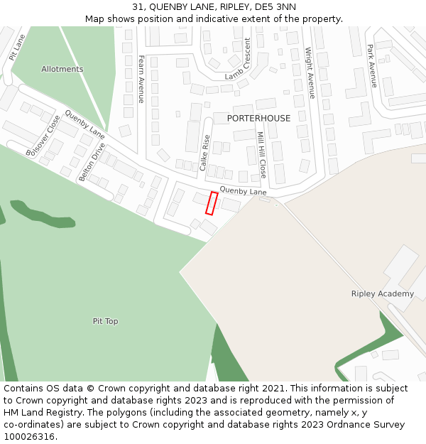 31, QUENBY LANE, RIPLEY, DE5 3NN: Location map and indicative extent of plot