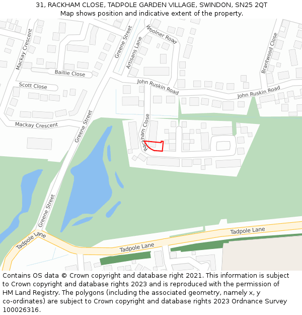 31, RACKHAM CLOSE, TADPOLE GARDEN VILLAGE, SWINDON, SN25 2QT: Location map and indicative extent of plot