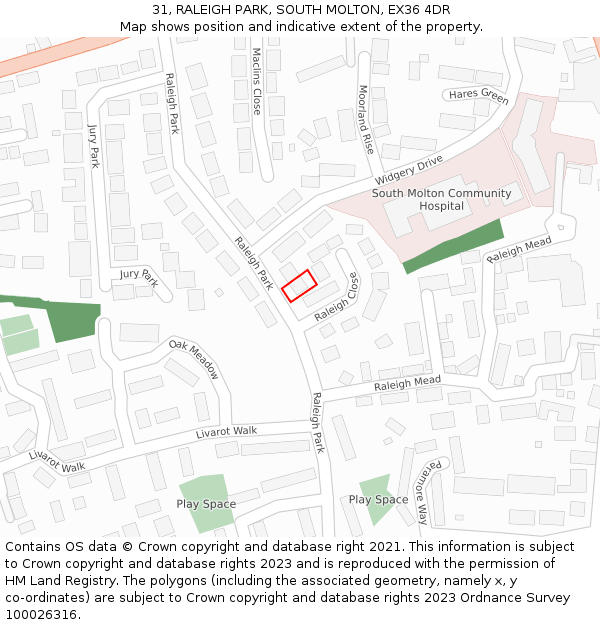 31, RALEIGH PARK, SOUTH MOLTON, EX36 4DR: Location map and indicative extent of plot