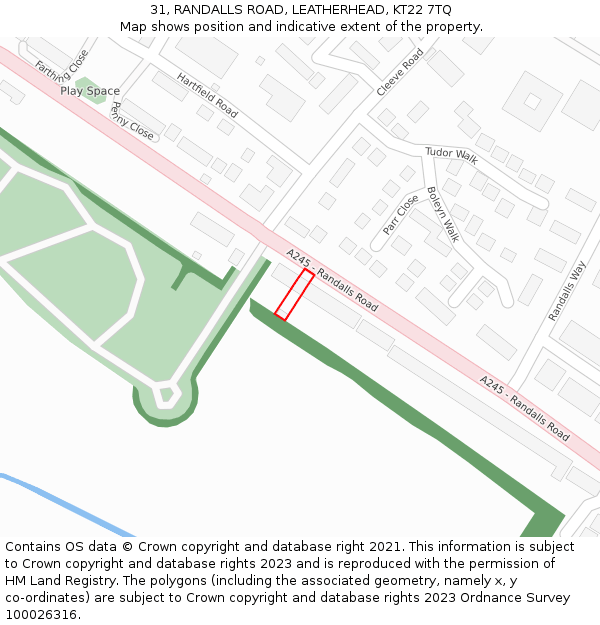 31, RANDALLS ROAD, LEATHERHEAD, KT22 7TQ: Location map and indicative extent of plot