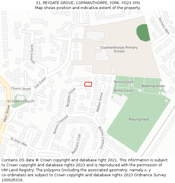 31, REYGATE GROVE, COPMANTHORPE, YORK, YO23 3YN: Location map and indicative extent of plot
