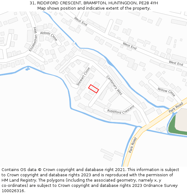 31, RIDDIFORD CRESCENT, BRAMPTON, HUNTINGDON, PE28 4YH: Location map and indicative extent of plot