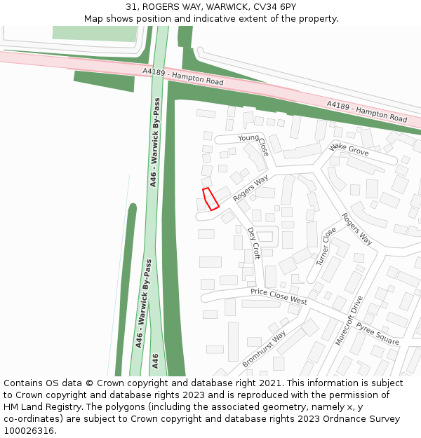 31, ROGERS WAY, WARWICK, CV34 6PY: Location map and indicative extent of plot